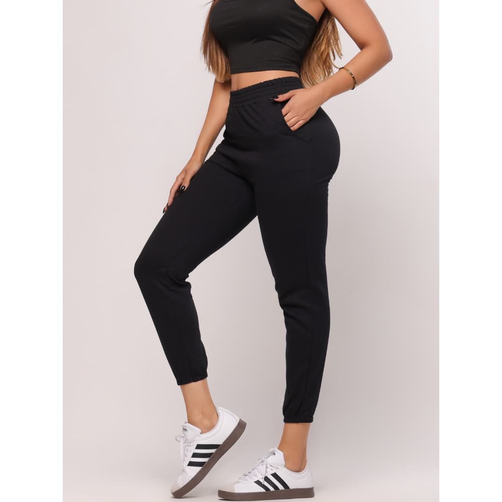 Calça Moletom Feminino Com Bolsos Cintura Alta Flanelada Frio Moda Blogueira Casual