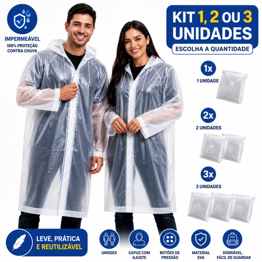 Kit 1/2/3 Capa de Chuva Transparente Adulto Unissex Impermeável Reutilizável PVC Gabardina Grossa Capuz
