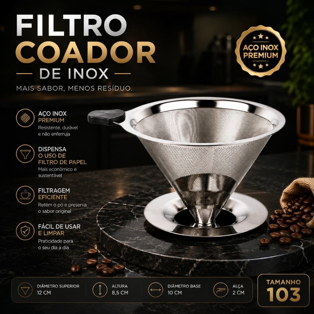 Filtro Coador de Café Inox Reutilizável 103 com Pegador Silicone Aço Inoxidável