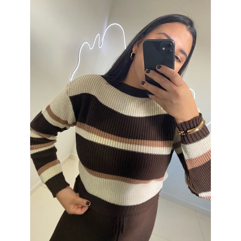 Blusa Sueter listrada Tricot Manga Longa Despojada