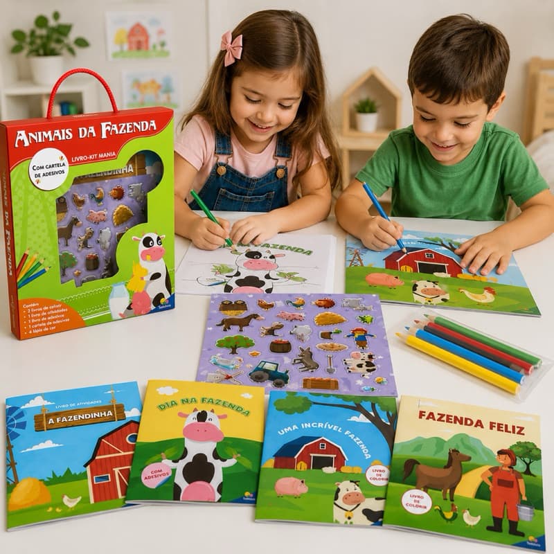 KIT INFANTIL 4 LIVROS ANIMAIS DA FAZENDA COM ADESIVOS + LÁPIS DE COR – KIT EDUCATIVO PARA COLORIR E BRINCAR | PRESENTE