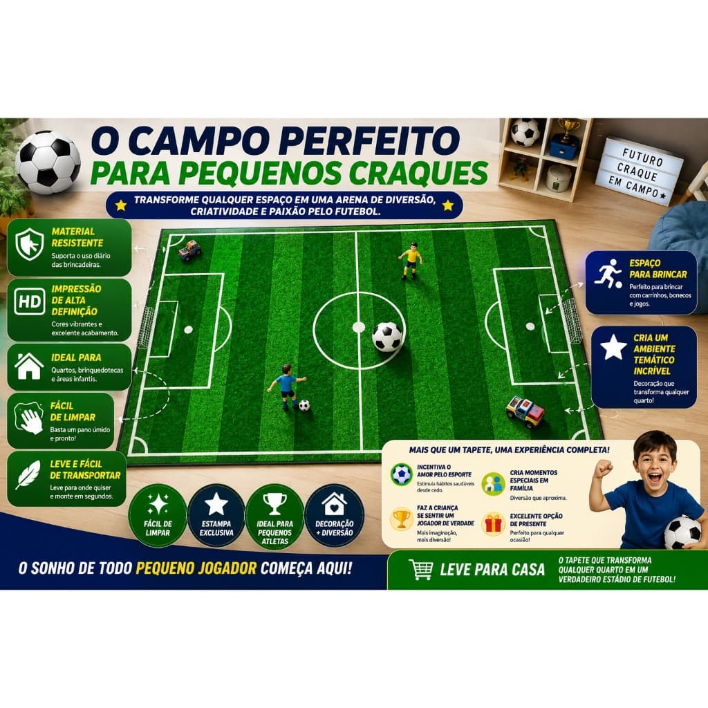 Tapete Infantil Criança Grande Campo de Futebol Jogo Quarto Menino Tematico Lona Facil Limpar