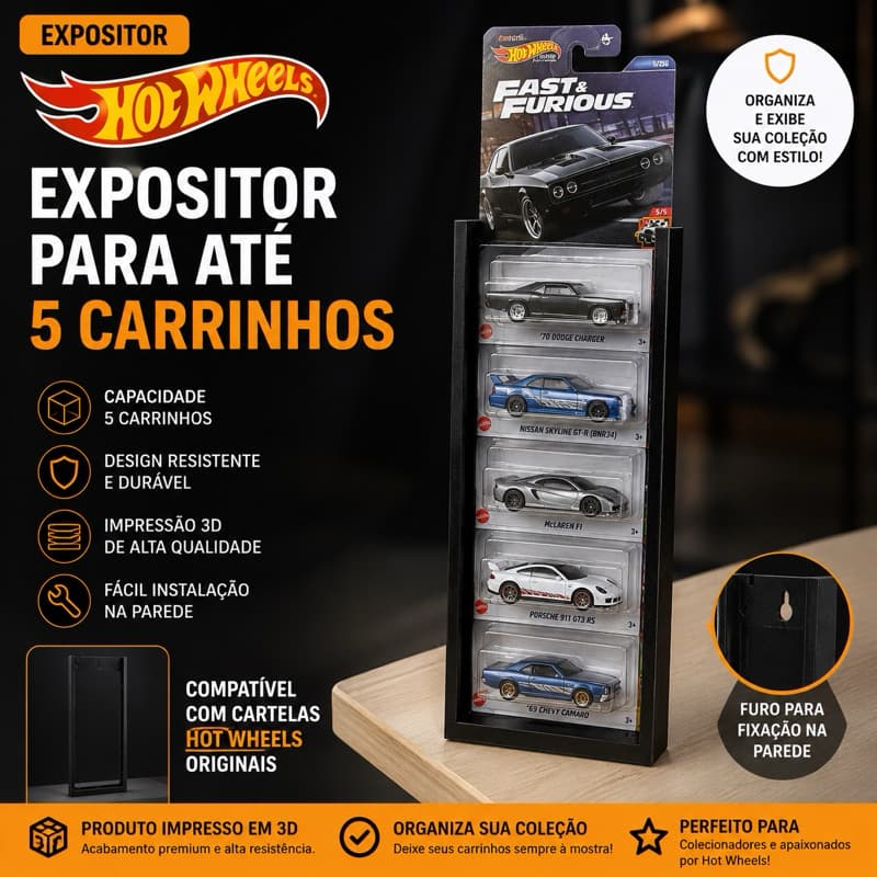 Expositor Hot Wheels para 5/10 Carrinhos Modular com Blister | Suporte de Parede Impresso em 3D | Organizador Coleção
