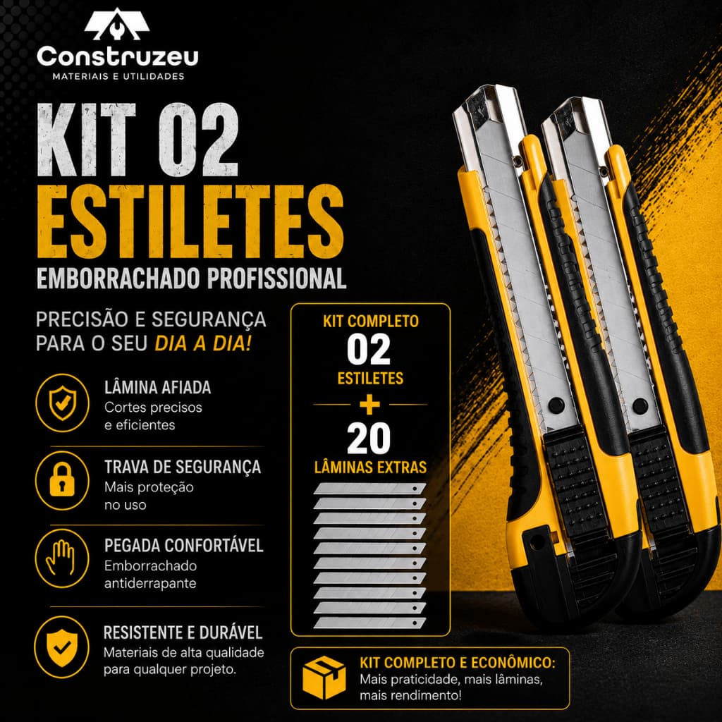 Kit 2 Estilete Profissional Emborrachado + 20 Laminas de 18mm
