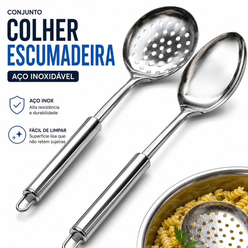 Kit Colher De Arroz E Escumadeira Em Aço Inox Resistente Utensílios Premium Para Cozinha Prática