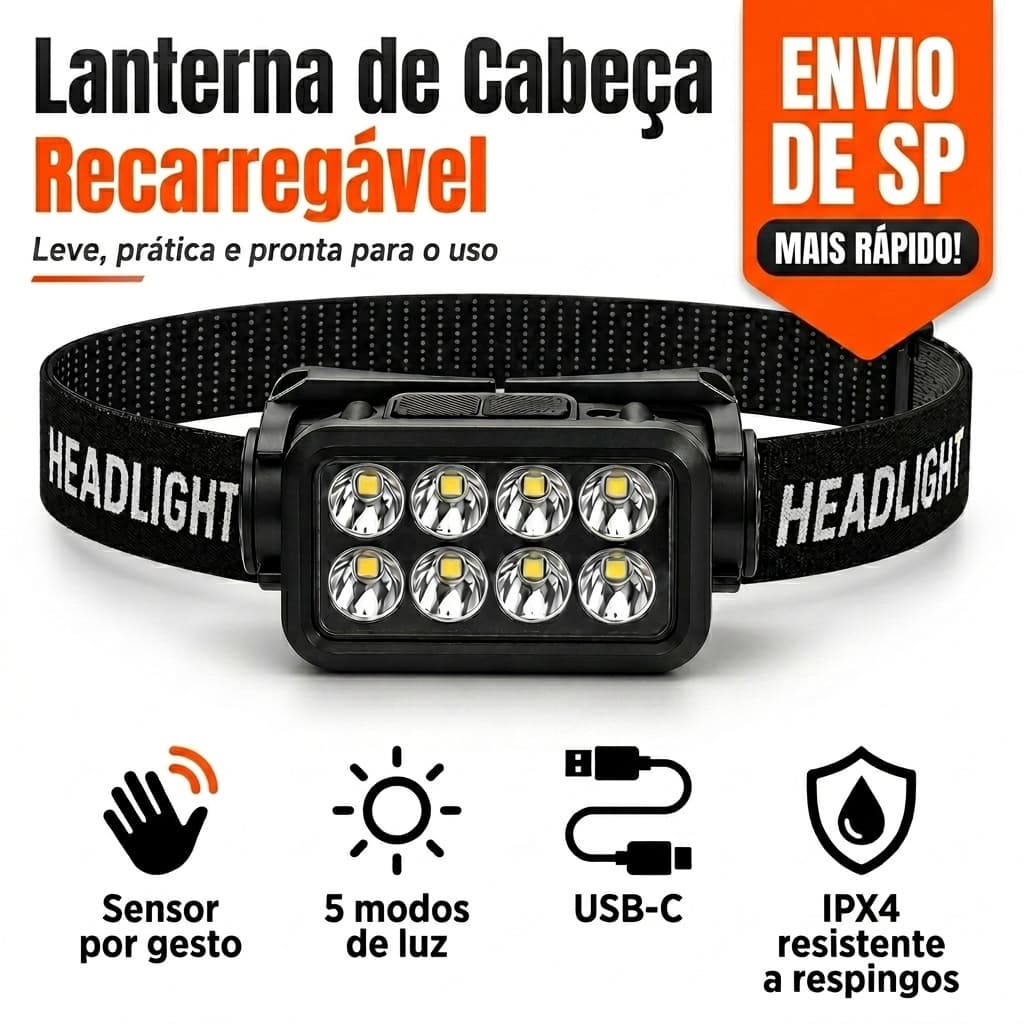 Lanterna de Cabeça Recarregável 8 LEDs com Sensor 5 Modos USB-C para Pesca Camping Trilha Trabalho