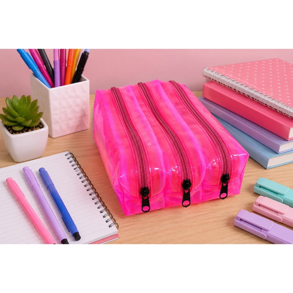 ESTOJO TRANSPARENTE COM 3 REPARTIÇOES CRISTAL ROSA NEON ESCOLAR E OUTROS