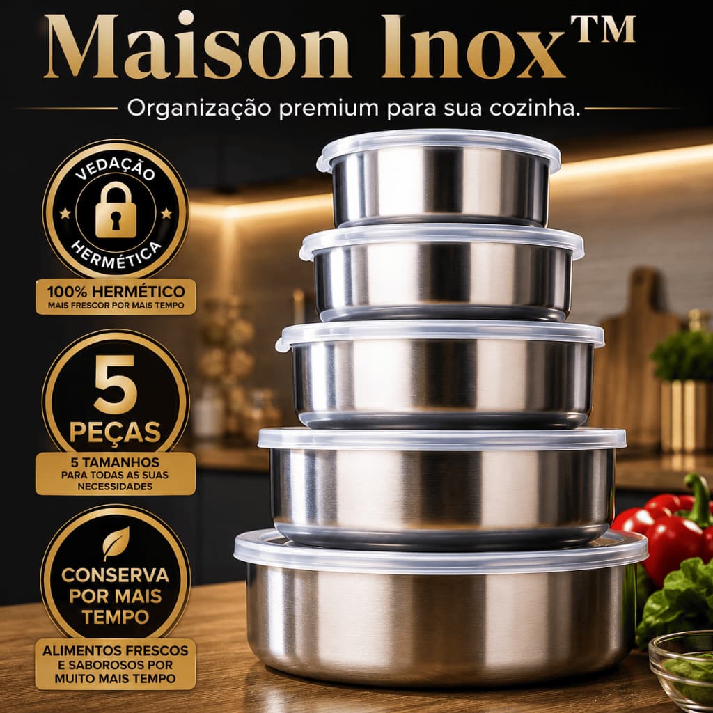 Kit 5 Potes Herméticos Aço Inox com Tampa Vedação Hermética Organizador de Cozinha