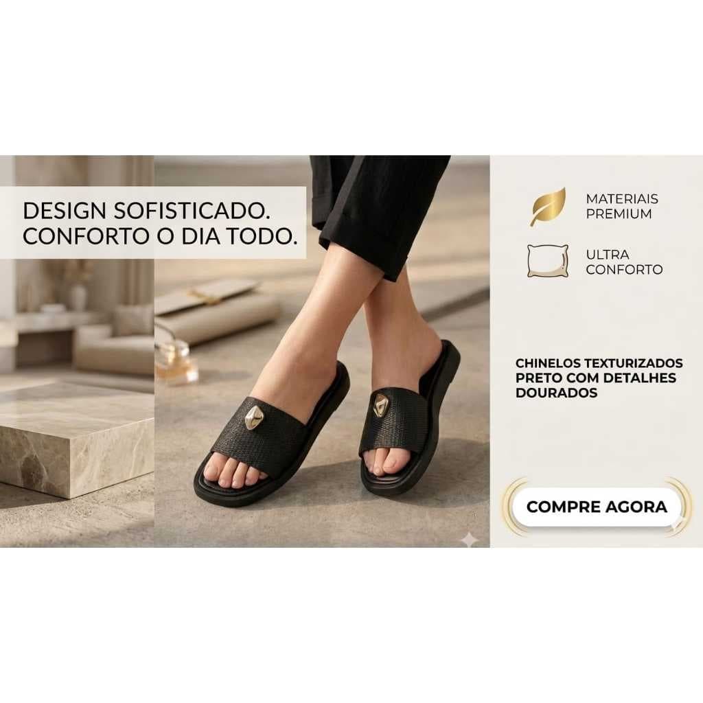 Rasteirinha Feminina Papete Slipe Confortável e Estilosa.Flat Slide Textura Premium - Preto - Visão 1 Rasteirinha Femin