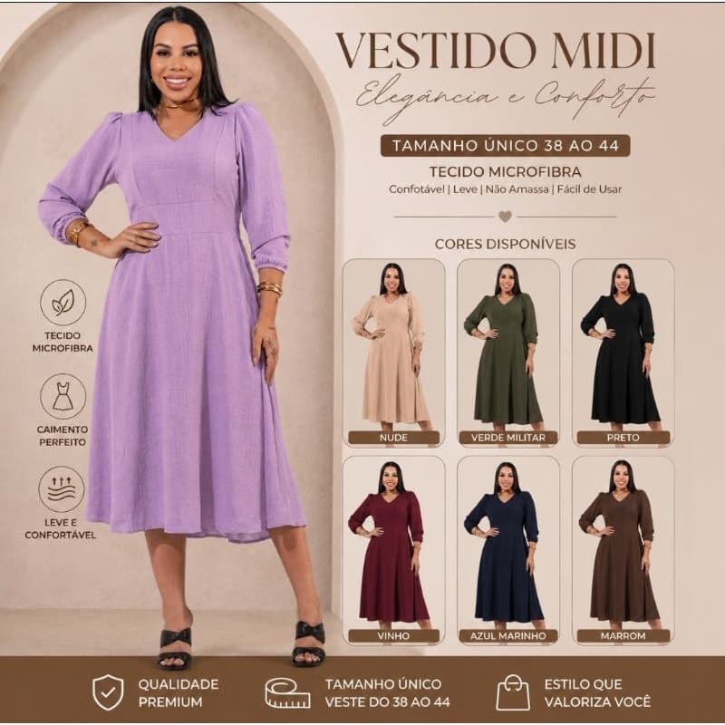 Vestido Midi Evasê Manga Princesa 3/4 Moda Evangélica Elegante com Cintura Marcada para Inverno