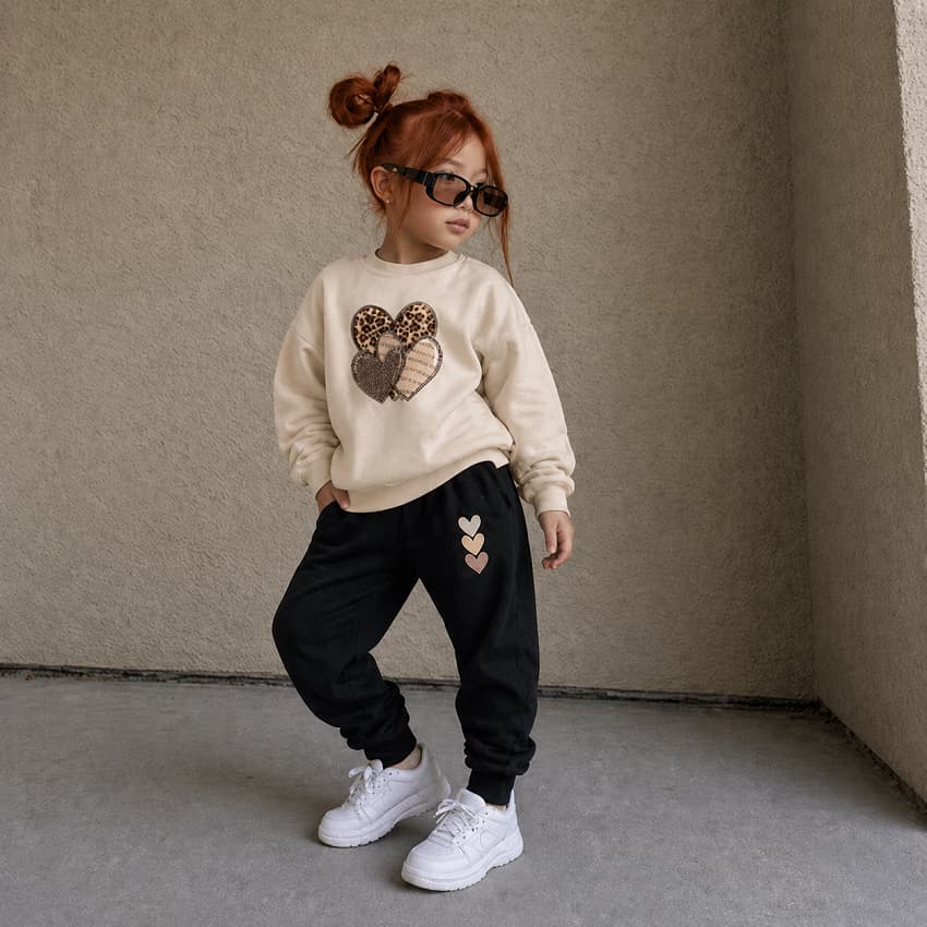 Conjunto De Frio Menina Moletom Flanelado Onça E Coração Quentinho Premium Sem Capuz