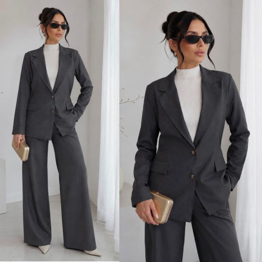 Conjunto Blazer Alfaiataria Oversized Feminino Calça Pantalona Cintura Alta Social Elegante