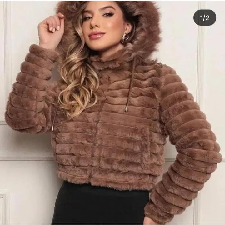 Jaqueta Puffer Peluciada Feminina Dupla Face Capuz Removivel Inverno Tendencia Blogueirinha