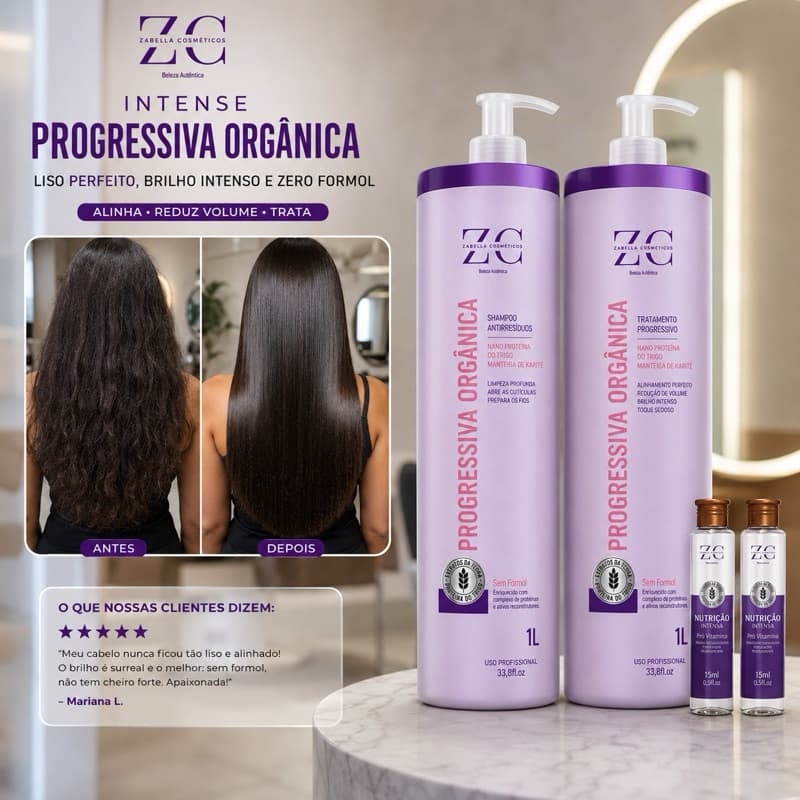 Progressiva Orgânica Sem Formol Zabella Profissional Alinhamento Capilar Anti Frizz Brilho Intenso 500ml 1L