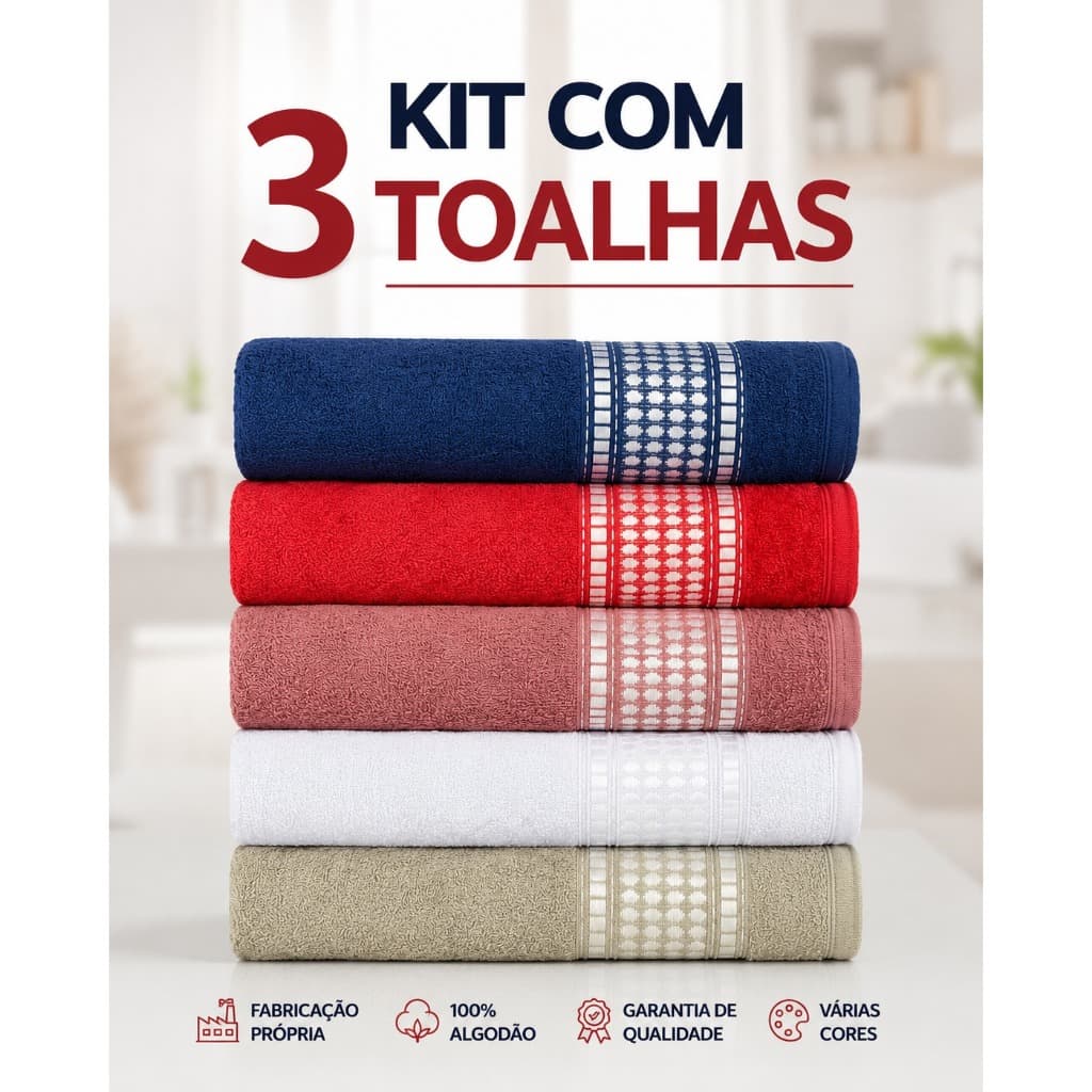KIT 3 TOALHAS DE BANHO 100% ALGODÃO FELPUDO