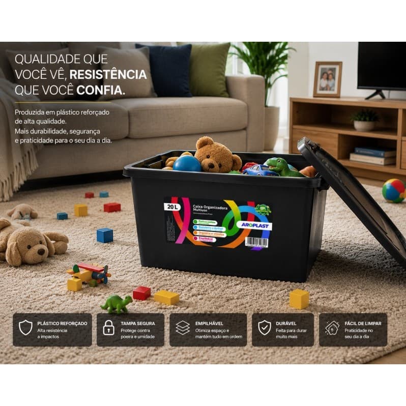 Caixa Organizadora 20L Reforçada Resistente para Organização Completa -Arqplast