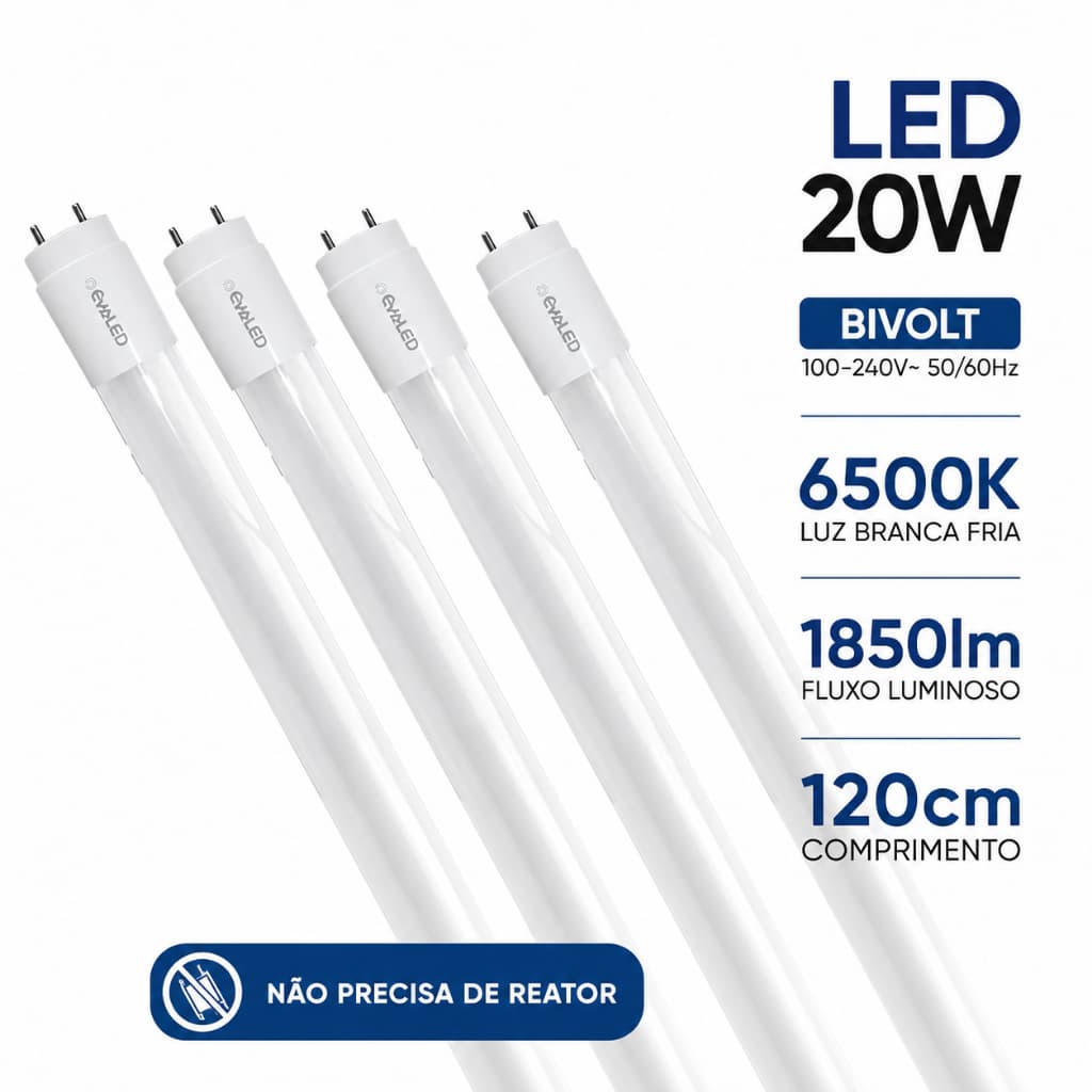 Kit 4 Lâmpada Tubular T8 LED 20W bivolt 6500K - 1850lm - 120cm EVOLED LE-3268