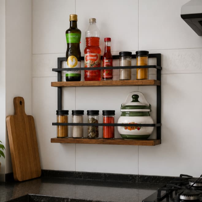 Prateleira Porta Temperos duplo e Condimentos Cozinha Suporte Utensílios Suspenso de Metal e Madeira Pinus