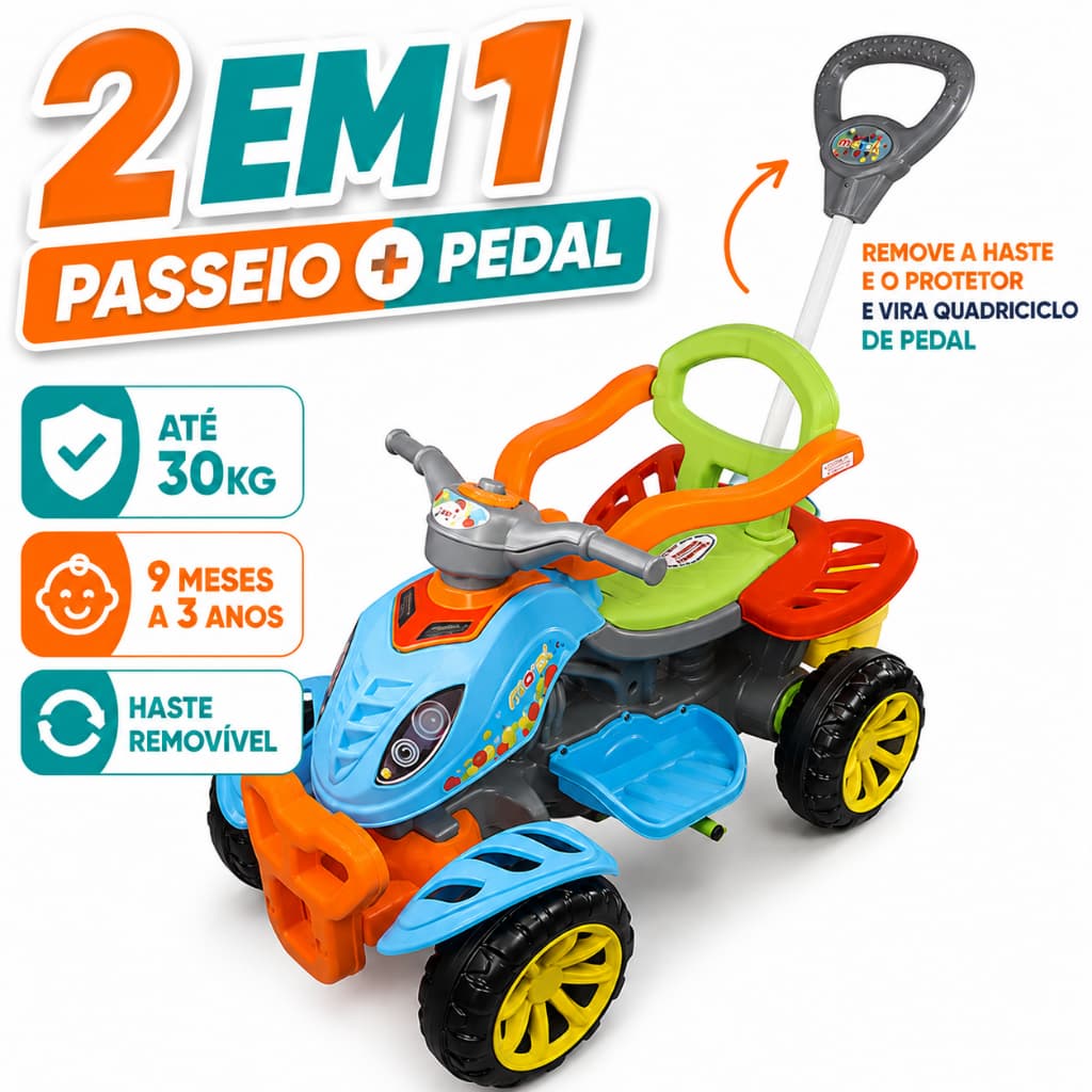 Quadriciclo Infantil Colorido – 2 em 1 Passeio e Pedal com Haste e Porta-Objetos