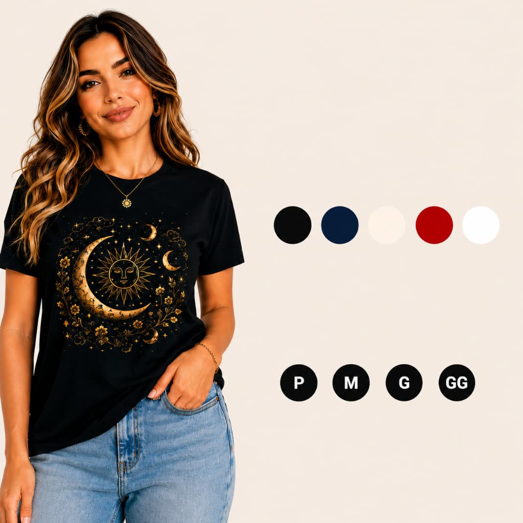 Camisa Feminina Estampa Mística Sol Lua e Elementos Astrais, camisa feminina premium, camisa algodao