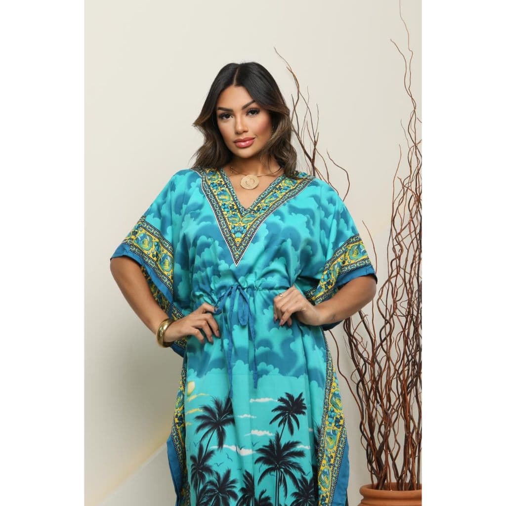 Vestido Kaftan Longo Feminino Azul Turquesa Estampa Tropical Boho Chic Indiano Seda
