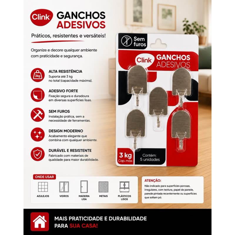 Ganchos Adesivos 5,2x3,2cm cartela com 5 unidades capacidade de 3kg