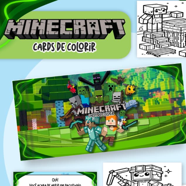 Card de Colorir Minecraft • 4 Desenhos • Personalizado • Lembrancinha Festa Infantil