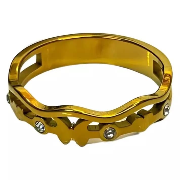 Anel Aço Inox 316L Dourado Aro Duplo Cravejado Borboleta e Coração
