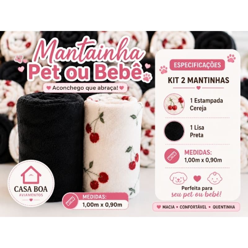Kit 2 Mantinhas 1.00m x 0,90cm Pet/Bebê – 1 Lisa Preta + 1 Estampa Cereja. manta premium