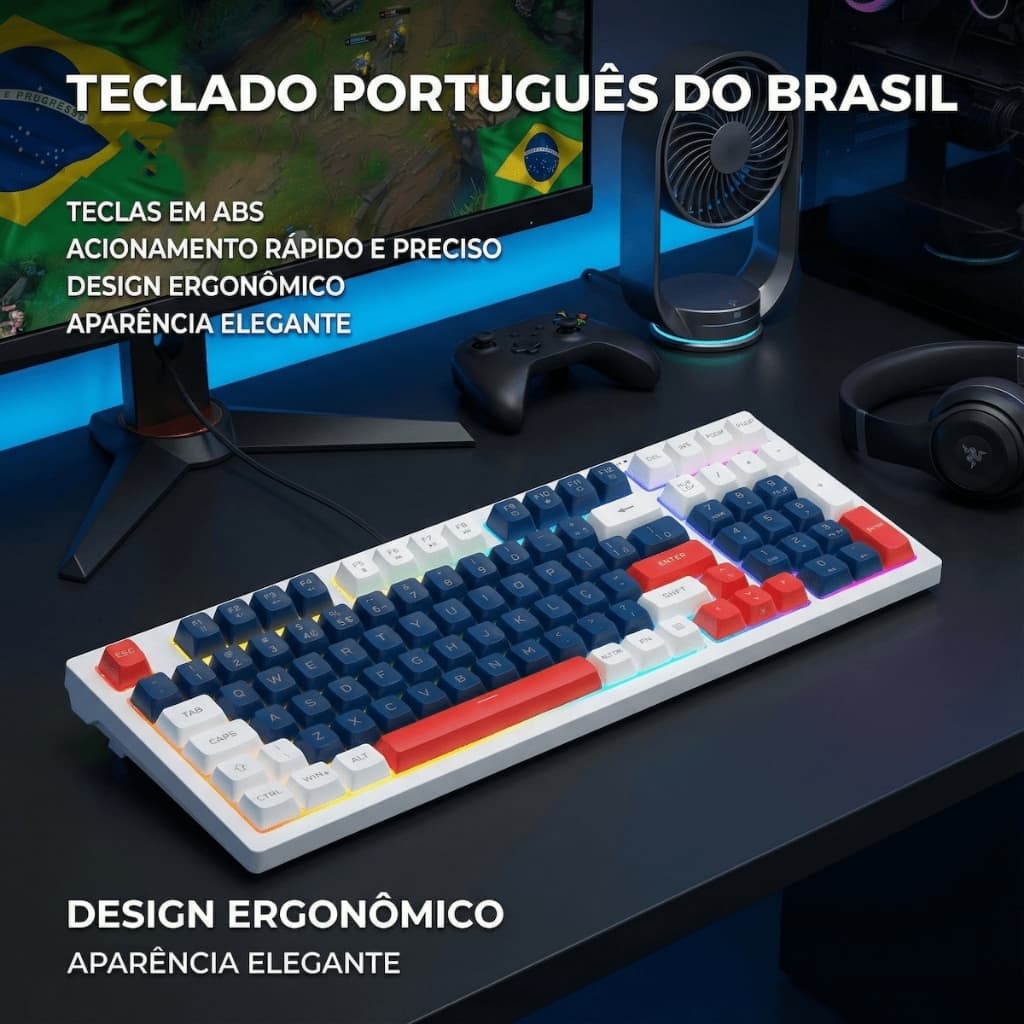 Teclado ABNT2 Personalizado Design Elegante Gamer Escritório Iluminado Baixo Ruído Cabo Type-C Ergonomico