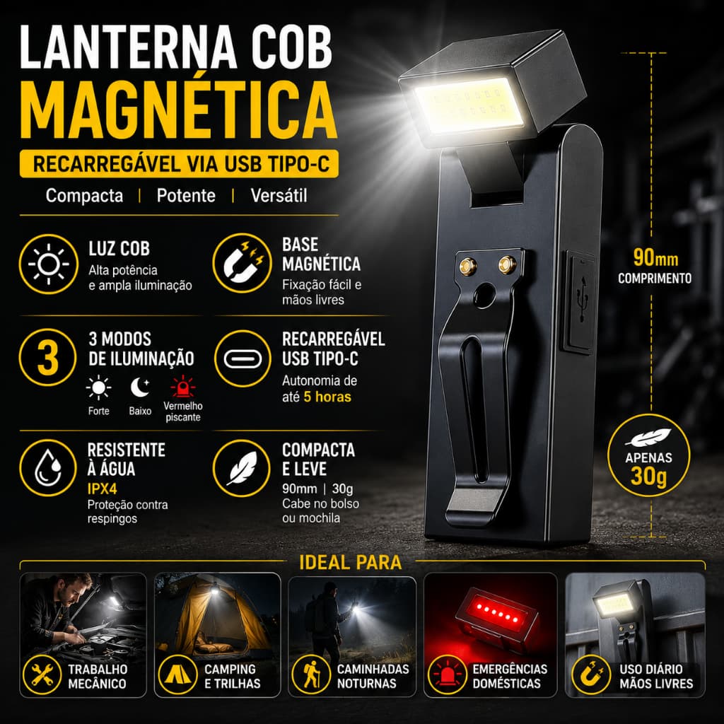 Luz de trabalho magnética recarregável lanterna cob adequada para trabalho noturno lâmpada de emergência