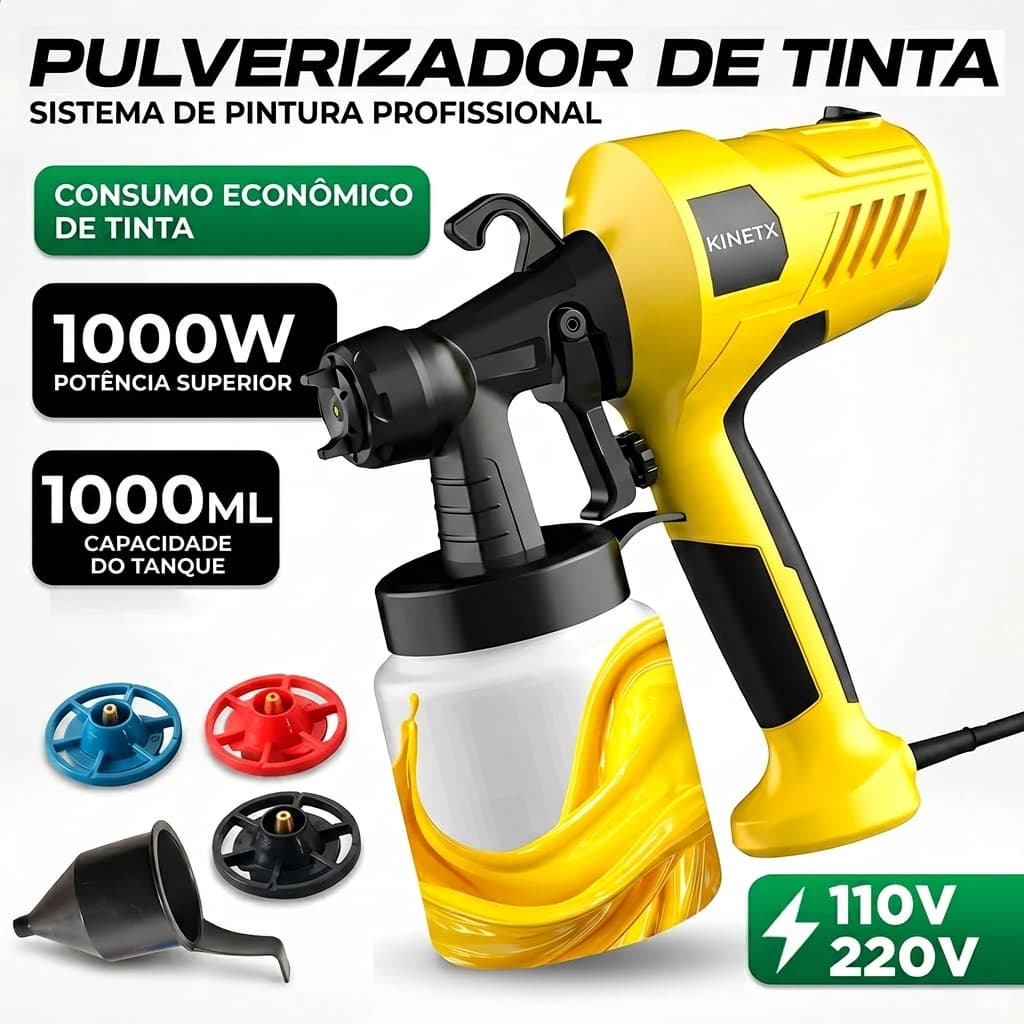 Pistola Elétrica Para Pintura Pulverizador de Tinta 1000W 110V/220V 1000ML 4 Bico e Compressor Ferramenta DIY