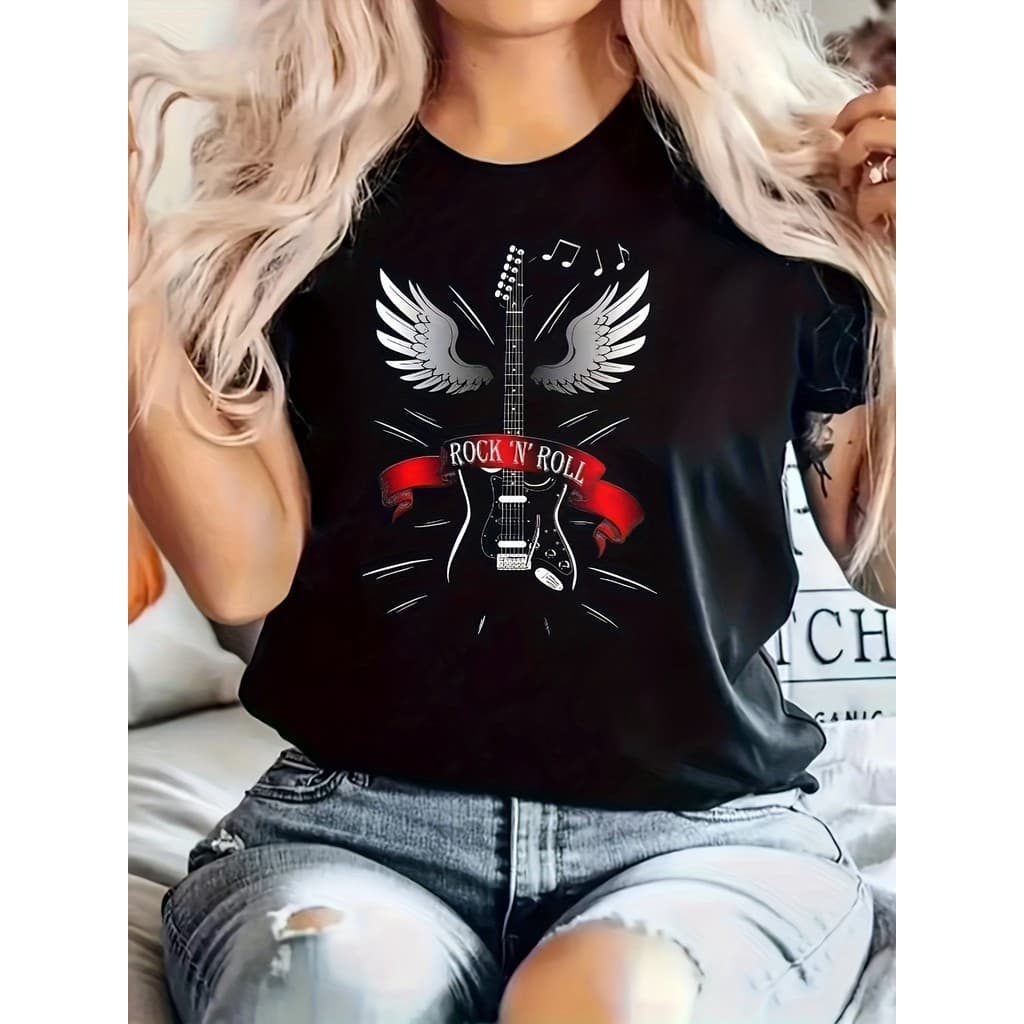Camiseta Feminina Plus Size Rock Wings Guitar Unissex Shirt Oversized 100% Algodão