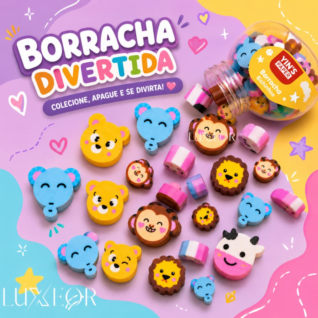 Mini Borracha Pote 36 Unidades Bichinhos Criança Escolar Infantil Lembrancinha Criativa Papelaria