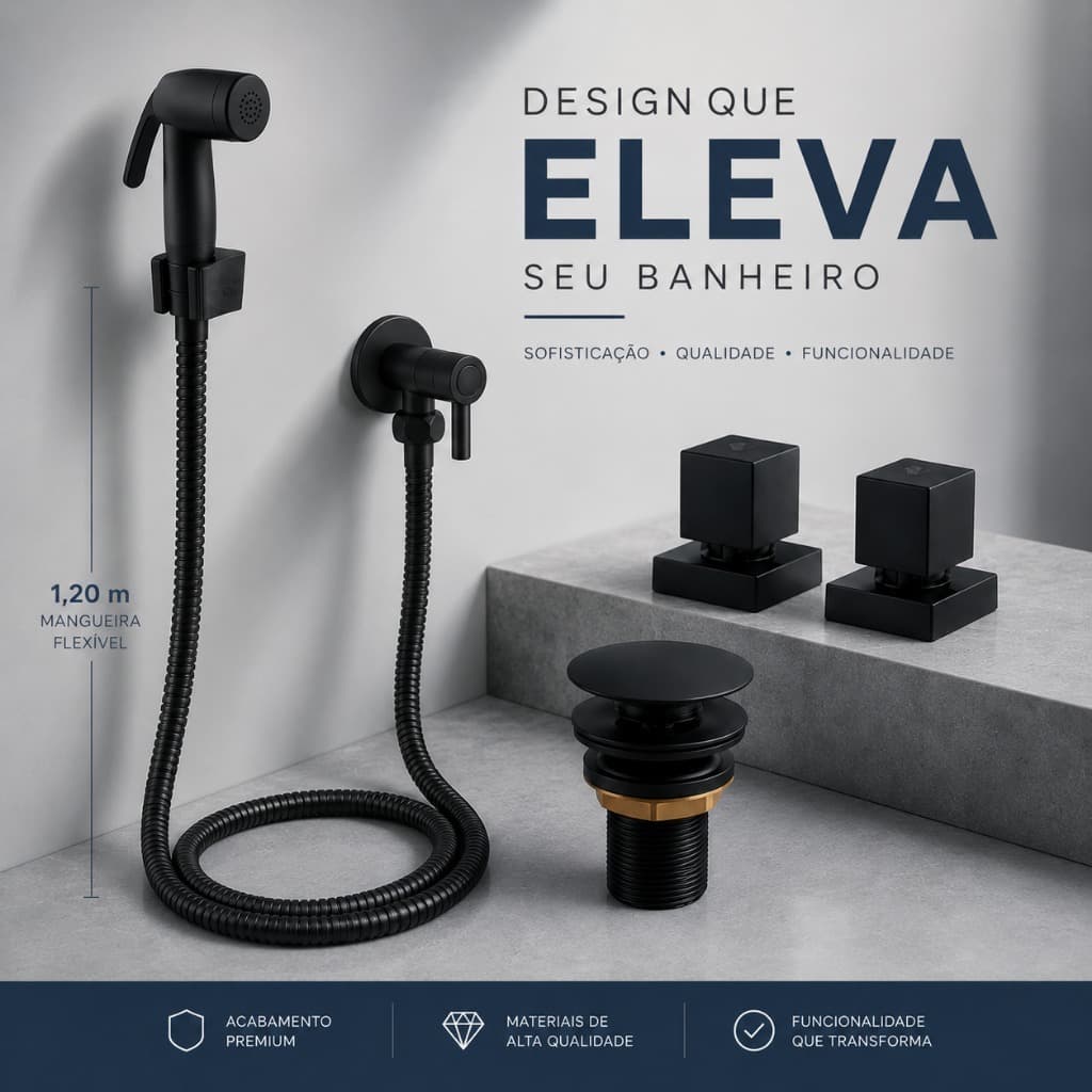 Ducha Higiênica Quadrada Metal Preto Fosco Black Luxo Com Válvula Click E Acessórios Banheiro
