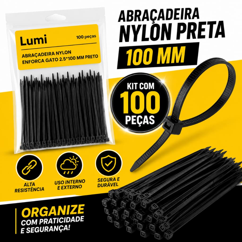 Kit 100 Abraçadeira de Nylon Enforca Gato Braçadeira Cintas Plásticas 10cm