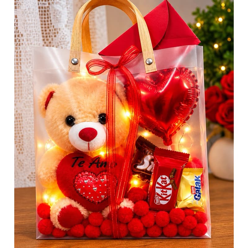 Cesta Romântica com Ursinho e Chocolates Presente Dia dos Namorados com Luz de LED