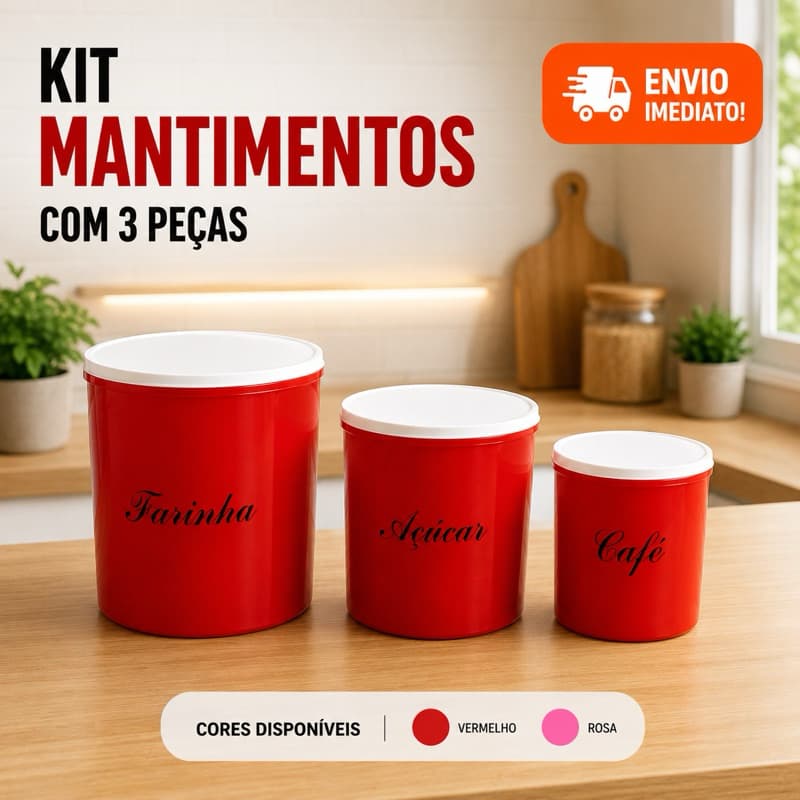 Kit 03 Peças Potes Mantimentos com  - Farinha Açúcar e Café
