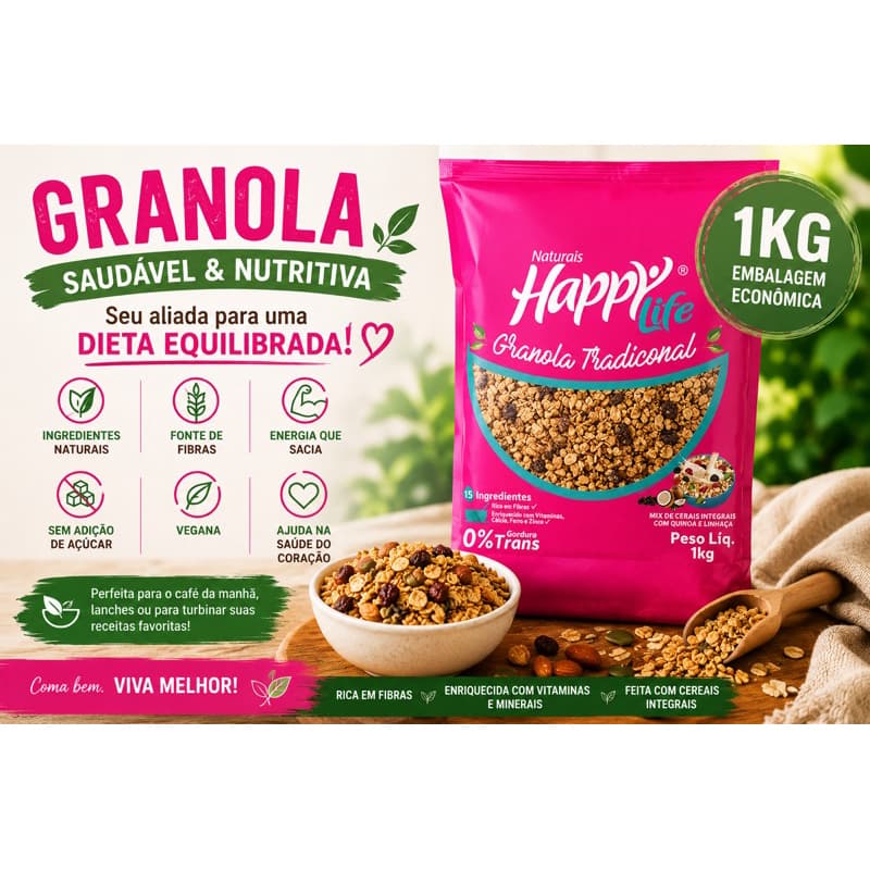 Granola Tradicional 1kg Happy Life | Rica em Fibras | Alimentação Saudável I Fitness I Academia