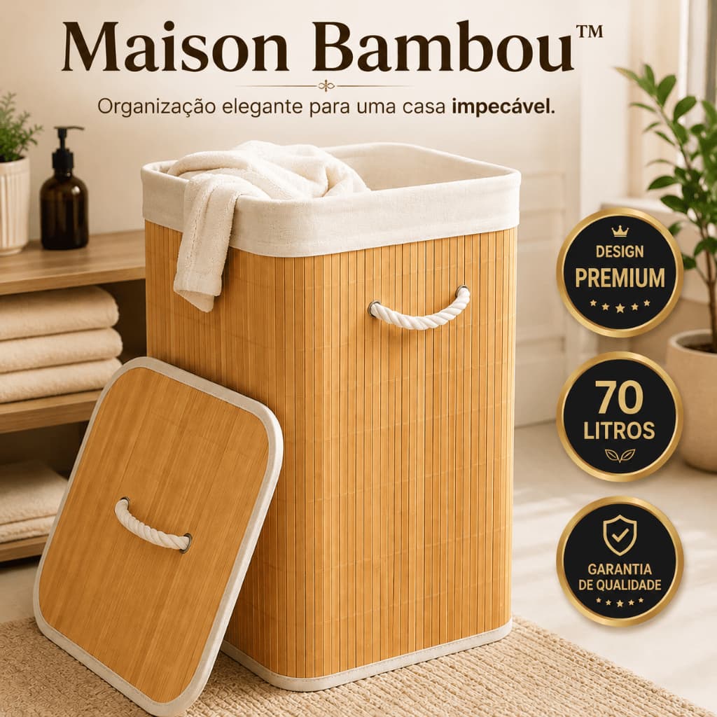 Maison Bambou™ Cesto Organizador Premium 70L Com Tampa E Alças Em Bambu