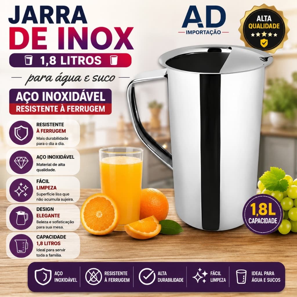 Jarra Aço Inox 1,8L Água Suco Leite Resistente Ferrugem