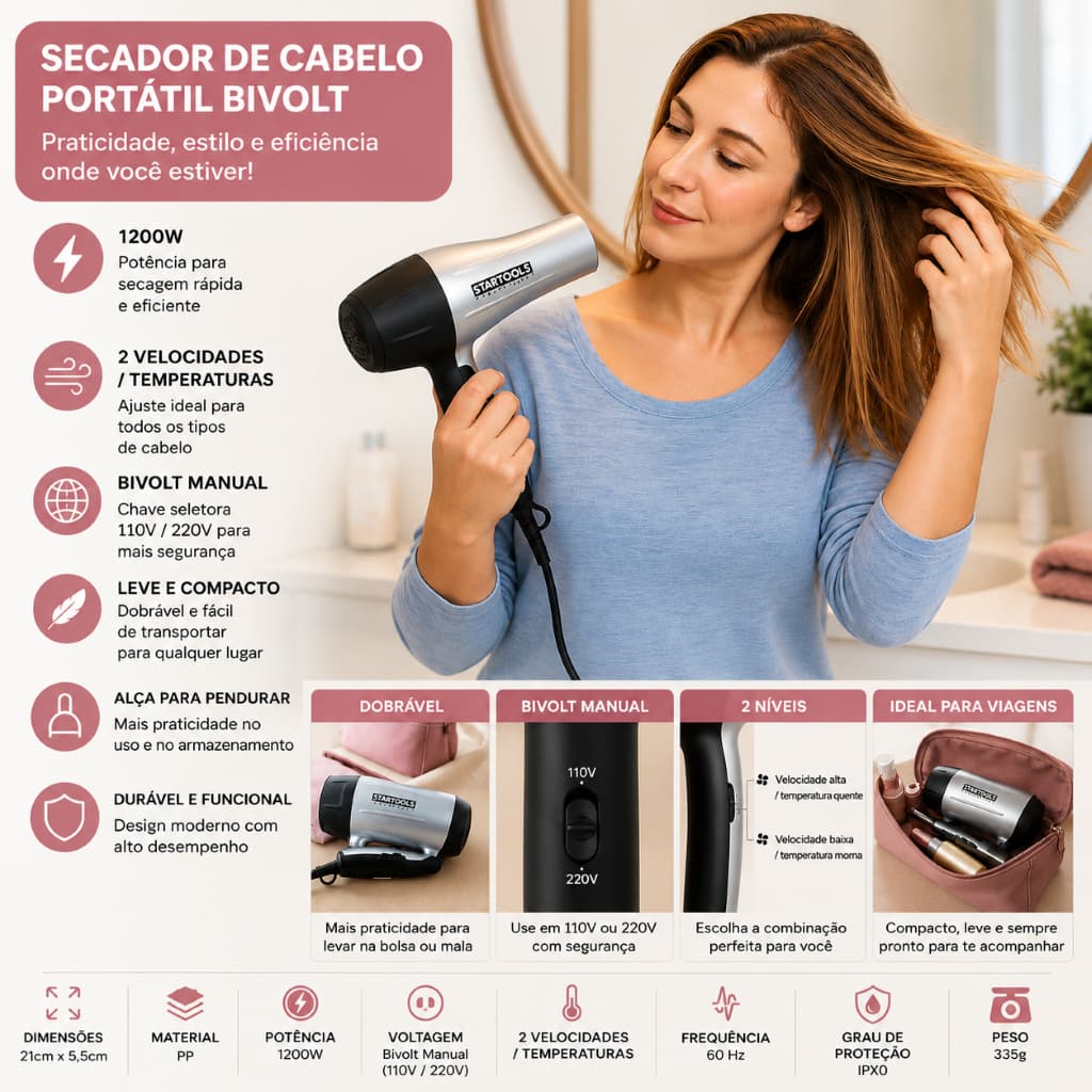 Secador Cabelo Portatil 1200w Bivolt Compacto Potente Leve Cinza