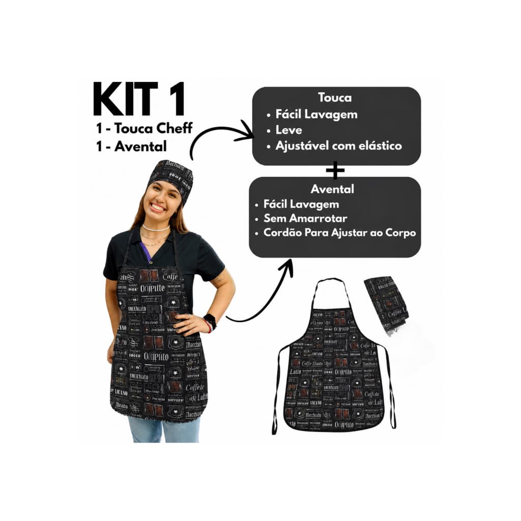 Kit avental e touca ajustavel para cozinha lanchonete estampado Coffee Adulto