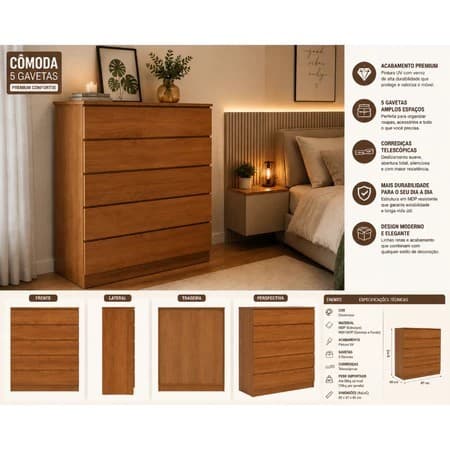 Cômoda Confortse 5 Gavetas Premium Confortse Design E Funcionalidade