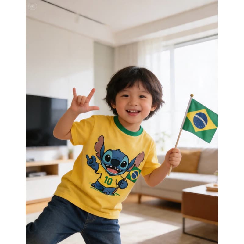 Camiseta Infantil Stitch Brasil Futebol Nº 10 Camisa Amarela Torcedor Criança Menino Menina Confortável Estampa Exclusiv
