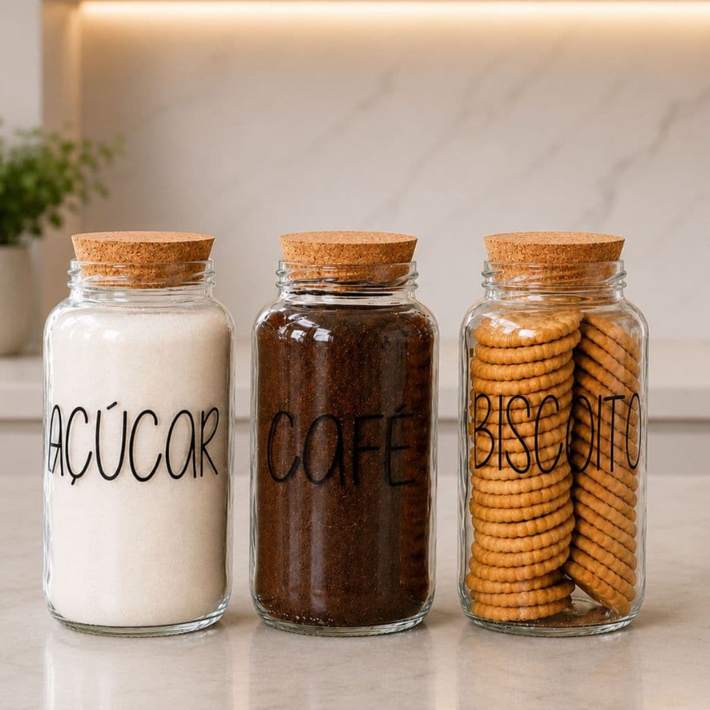 Kit Cantinho do Café + Açúcar + Biscoito | Pote Hermético De Vidro 810 Ml