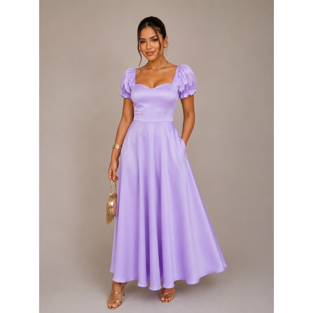 Vestido Leonor Longo Cetim Manga Princesa Moda Evangélica Festa Cintura Marcada