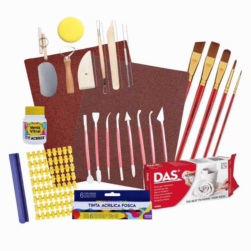 Kit Completo Massa DAS 500g Ferramentas Estecas Tinta Letras