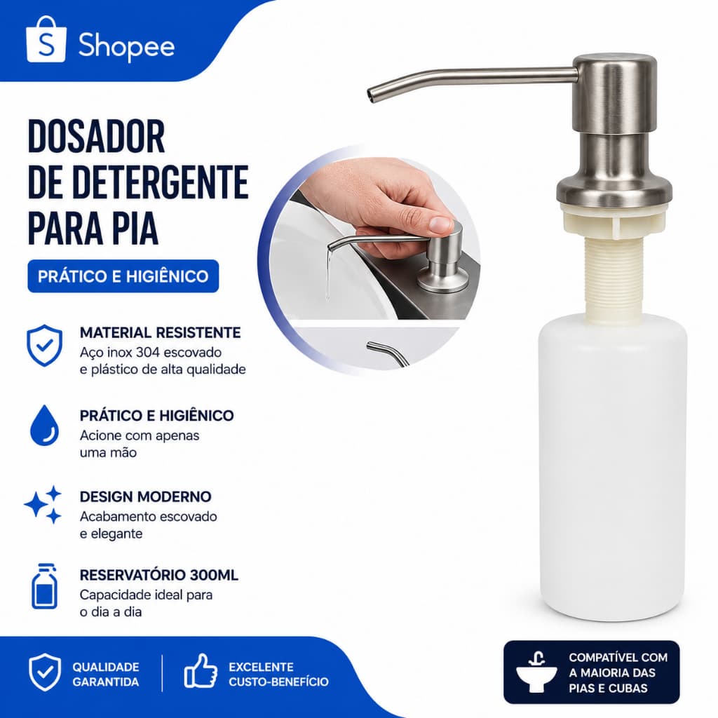 Dispenser Detergente Porta Sabonete Líquido Embutir 350ml Inox Pia Cozinha Dosador Limpeza