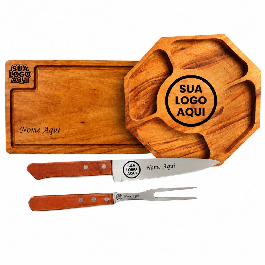 kit tabua de corte personalizada com petisqueira e kit garfo faca e chaira presente perfeito